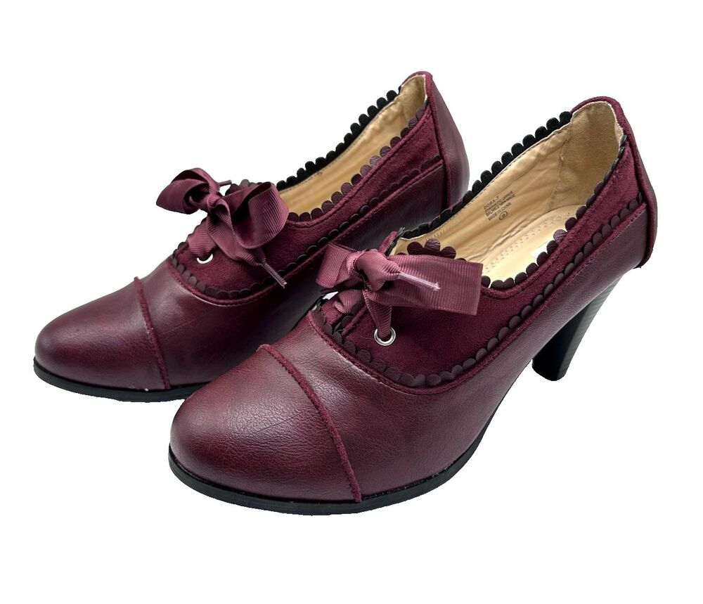 Lace Up Oxford Heels Size 9 Wine Burgundy Retro Whimsigoth Pump Cottage Core